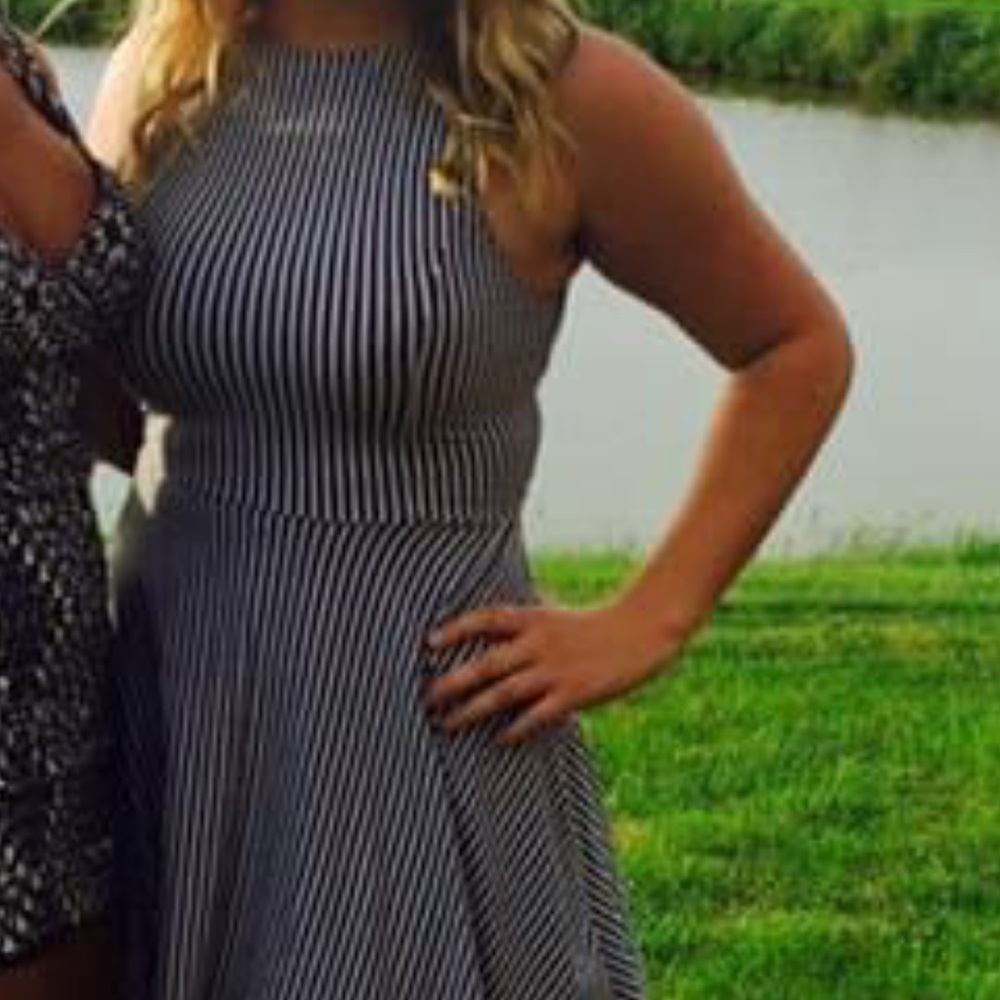 Gray and white striped dress. Size Lg.